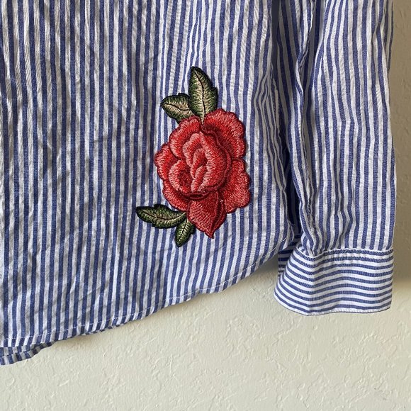 Rails Womens Blouse Size XS Frances Banker Stripe Floral Patch Button Down Shirt - Picture 4 of 11